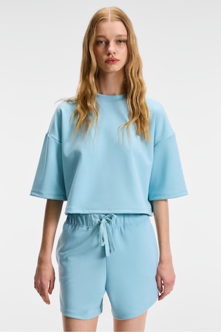 Ethıquet VELA Kadın Esnek Kumaşlı Bisiklet Yaka Oversize Fit Mavi T-Shirt