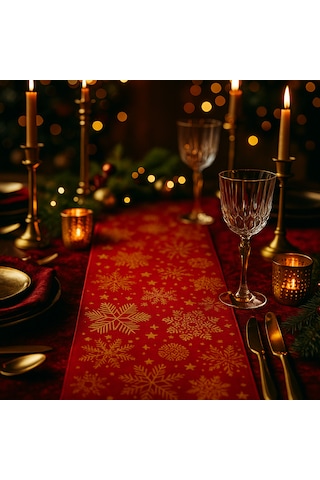 Kırmızı Gold Yılbaşı Masa Runner I Kar Tanesi Desenli Duck Dokulu 40x140 Cm Kırmızı