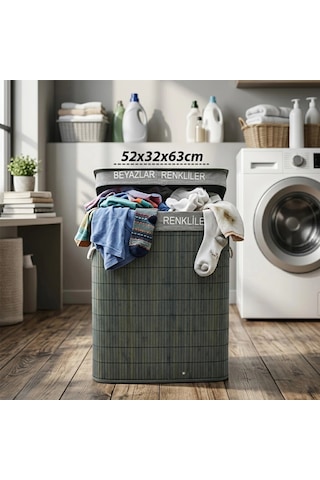 Gri Dikdörtgen 2 Bölmeli 52x32cm Y:63cm Bambu Ahşap Kirli Çamaşır Sepeti Kumaş Çantalı İp Kulp Bx40 Çok Renkli