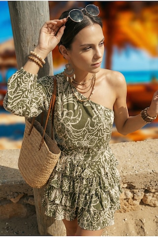 Fashion Cocktail Safari Tek Omuz Etnik Dokulu Hareketli Katlı Tatil Yaz Şifon Desenli Chic Bohem Mini Elbise Haki