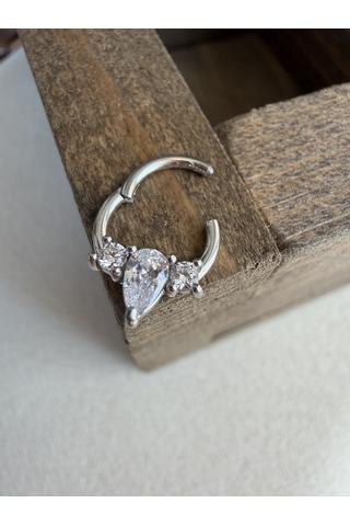 %100 316 L Cerrahi Çelik Markiz Badem Zirkon Taşlı Kilitli Halka Piercing Gümüş