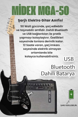 Midex Rph30bk-50amp Black Elektro Gitar Seti 50 Watt Bluetooth