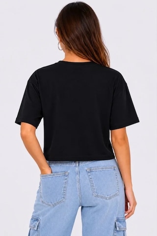 Defymoda Kedi Baskılı Oversize Crop Tişört Salaş Basic Yarım Kol T-shirt - Siyah Mavi