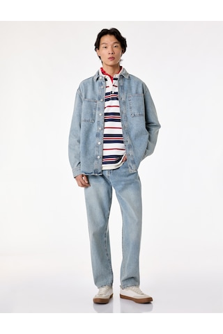 Koton Uzun Kollu Cepli Düğmeli Gömlek Yaka Oversize Jean Gömlek Ceket Açık İndigo 6sam50069nd
