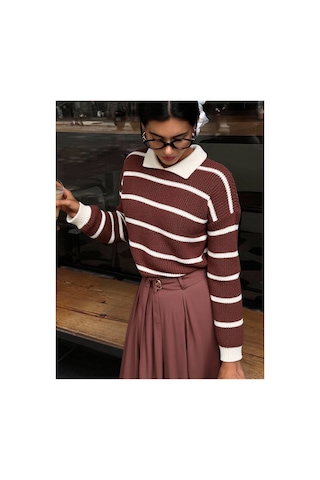 Meecy Selanik Örgü Polo Yaka Oversize Zr Model Kadın Triko Kazak Kahverengi & Bej Kahverengi & Bej