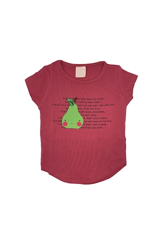 Kız Çocuk Nar Çiçeği Renk Pamuklu Oval Kesim Armut Desenli Kısa Kollu T-shirt Narçiçeği