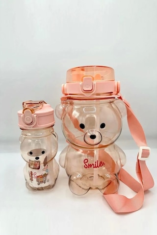 2'li Smile Şeffaf Ayıcık Su Matarası 1000+400ml Çocuk Su Şişesi Pipetli Sızdırmaz Kapaklı Suluk Pembe