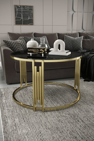 Piyano Tekli Orta Sehpa Gold Ayak Siyah Ayna