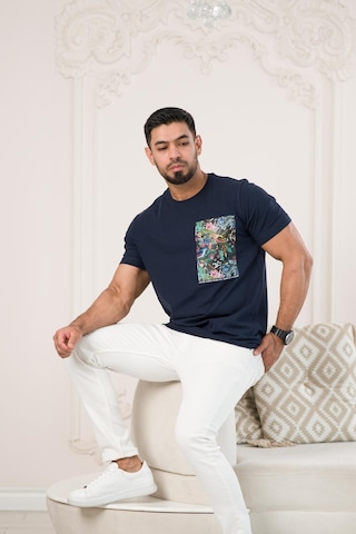 Bisiklet Yaka Önü Baskılı Pamuklu Likralı Basic Regular Fit T-shirt 001