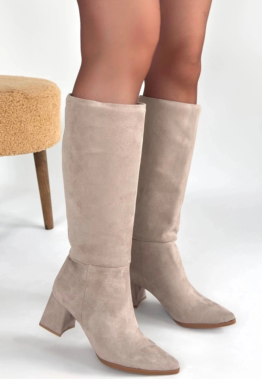 Biçomi Roksa Bej Süet Topuklu Çizme Çok Renkli