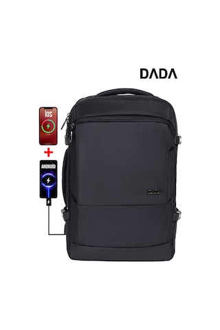 Körüklü Laptop Sırt ve Seyahat Çantası 15,6 İnç 40 Litre Usb Su Geçirmez Kumaş Siyah Dada 12