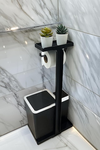 3'ü 1 Arada Banyo Seti Tuvalet Kağıtlık, Çöp Kovası Ve Tuvalet Fırça Takımı Set Çizgili Krom Siyah Diğer