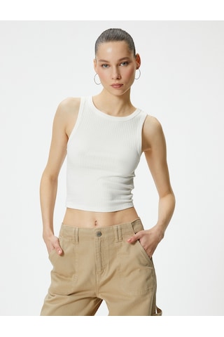 Koton Basic Crop Atlet Bisiklet Yaka Pamuklu Ribanalı Ekru 4sal30089ık 4SAL30089IK010
