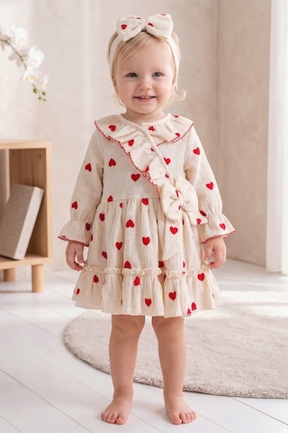 Babymod Kalp Desenli 100% Pamuk Bandanalı Kız Bebek Elbise Kırmızı