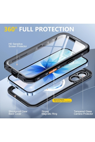 Apple Uyumlu iPhone 17 İle Uyumlu Kılıf Su Geçirmez 360 Derece Koruma Waterproof Telefon Kılıfı Siyah