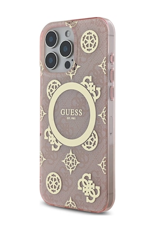 Apple Uyumlu iPhone 16 Pro Max Kılıf Guess Lisanslı Magsafe Özellikli Iml Peony Ve 4g Desenli Klasik Logolu Pembe
