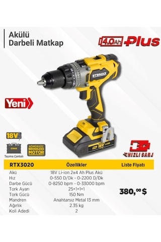 Rtrmax RTX3020 Akülü 150 NM 2 x 4 AH Plus Akü Darbeli Matkap