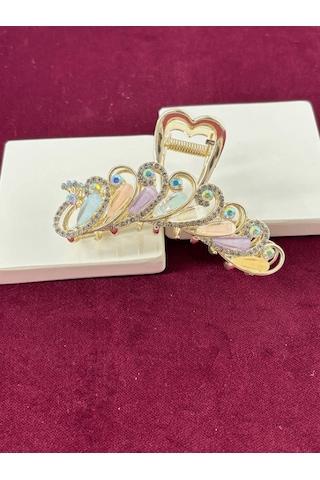 Renkli Pastel Tonlarda Sedef Yansımalı Parlak Taşlı Gold Renkli Saç Tokası Gold