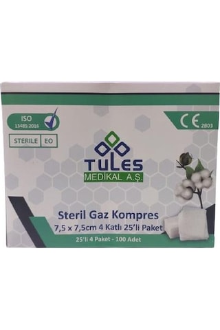 Tules 7.5 x 7.5 CM Steril Gaz Kompres Spanç 500 Adet 25'li
