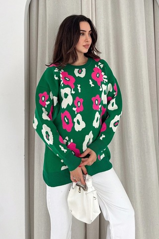 Bisiklet Yaka Uzun Kollu Çiçek Desenli Oversize Triko Kazak Yeşil Yeşil