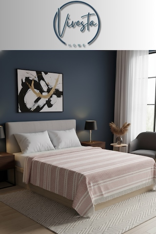 %100 Pamuk Saçaklı Tek Kişilik Yatak Örtüsü 160x220 Şık Ve Modern Tasarım Pudra