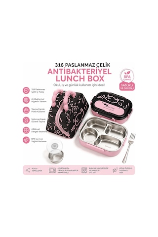 Valkyrie 316 Paslanmaz Çelik Lunch Box Termal Taşıma Çantalı 4 Bölmeli Sızdırmaz Beslenme Kabı Bpa İçermez Çatal Kaşık Hediyeli Pembe