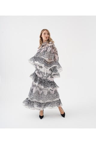 Dantel Desenli Katlı Şifon Volanlı Bluz Siyah