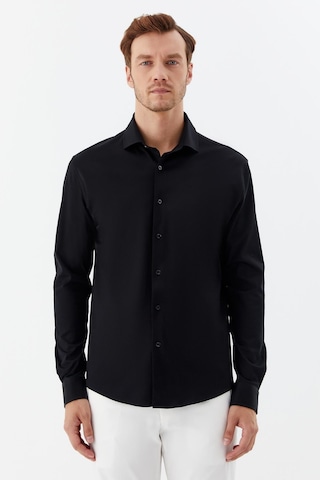 Sabri Özel Erkek Siyah Dar Kesim Slim Fit %100 Pamuk Düz Dokuma Klasik Yaka Gömlek