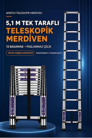13 Basamak Paslanmaz Çelik Teleskopik Merdiven 5.1 Metre Katlanabilir Uzayan Merdiven -