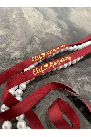 Dökülen İncili Isimli Yüzük Kurdelesi Söz Kurdelesi Bordo-gold