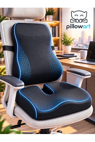 Pillowart Ortopedik Visco Minder 2 Li Set Sırt Bel Omurga Destekli Yastık Ve Kuyruk Sokumu Oturma Minderi
