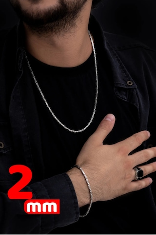 Erkek Gümüş Set - 2mm Kare Kral Model Işıklı Kutuda Sevgiliye