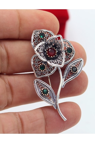 Yakut Ve Zümrüt Taşlı Zambak Model Telkari Gümüş Kadın Broş 201025413 Gümüş