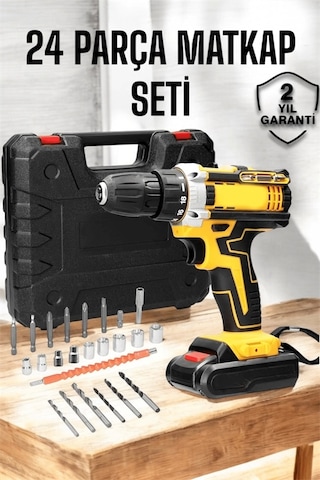 Çift Bataryalı Metal Dişli Darbeli Şarjlı Matkap Seti 24w Güç Ve 24 Parça Aksesuar
