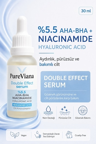 Pureviana Double Effect Serum 30 ML Aha-bha + Niacinamide + Hyaluronik Asit Aydınlatıcı, Gözenek Sıkılaştırıcı, Ton Eşitleyici