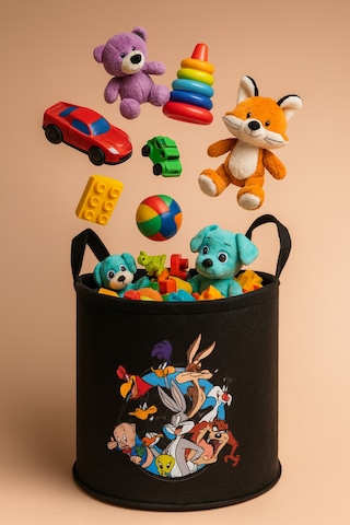 Keçe Oyuncak Sepeti Çizgi Film Desenli, Katlanabilir Kulplu, Çocuk Odası Düzenleyici 38x39 Siyah