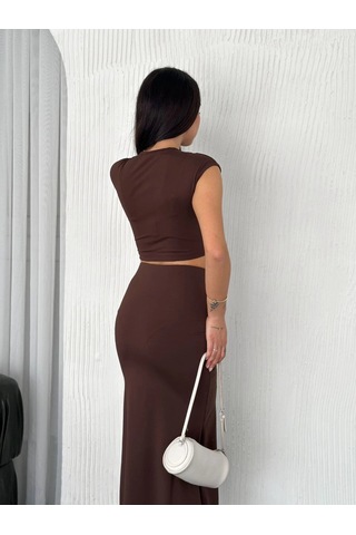 Moda Osy Modal Yumuşak Dokulu Kumaş Büzgülü Crop Etek Takım -kahverengi Çok Renkli