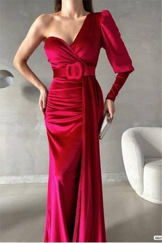 Lior Design Kadın İnce Kadife Kumaş Tek Omuz Kemerli Maxi Abiye Elbise Kırmızı