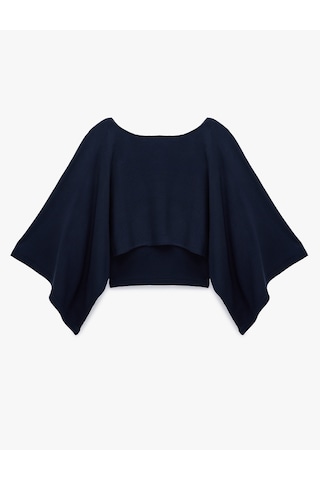 Koton Kayık Yaka 3/4 Yarasa Kol Crop Triko Kazak Lacivert 7wal90148ıt