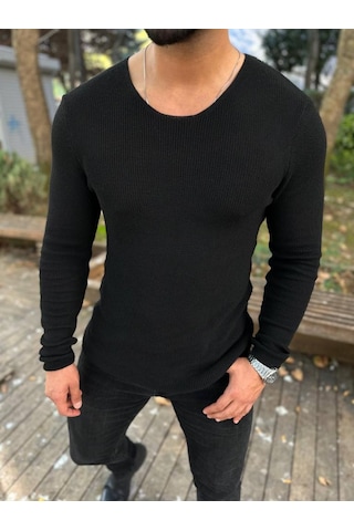 Elku Moda Kazak Örme Tüylenmez Naturel Pamuk Kazak Slim Fit Triko Dar Kesim Body Kazak Siyah