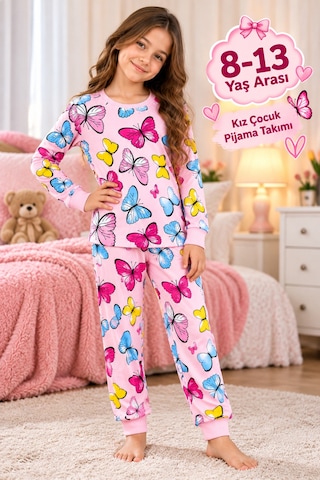 Üç Gül Ticaret Kız Çocuk 8-13 Yaş Kelebek Desenli Pijama Takımı Pamuklu Kumaş Pembe