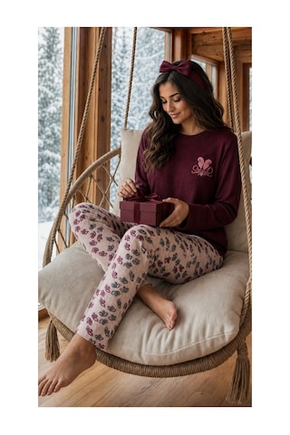 Pemilo Kadın 8811-3 Berlin Uzun Kol Sıfır Yaka Pijama Takım Bordo