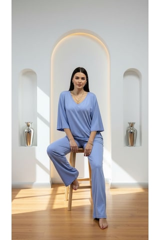 Divinus Bol Kesim V Yaka Yarım Kollu Pijama Takımı Mavi