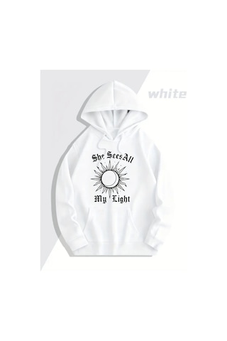 Nevermind Sevgili Kombini Oversize Hoodie Güneş Ve Ay Baskılı 3 İplik Uni Beyaz