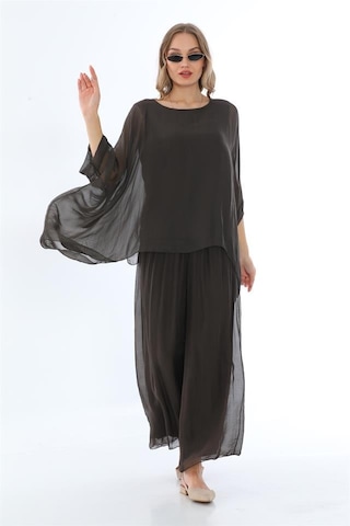 Bohem Stil İtalyan Yarasa Kol İpek Bluz & Pantolon Takım-8767 Kahverengi