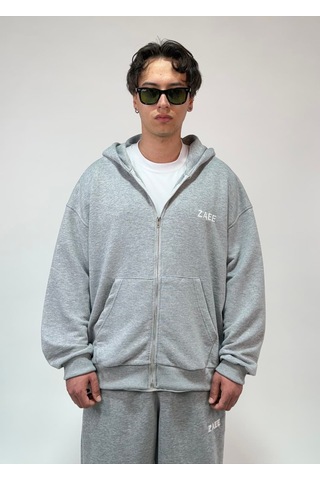 Zaee İnce Kumaş Nakışlı Oversize Premium Zip Hoodie Gri