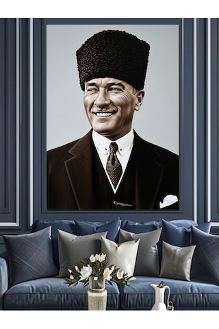 Atatürk Gülümseyen Siyah Beyaz Dekoratif Kanvas - Mdf Ahşap Tablo