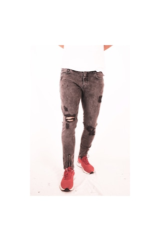 Koyu Mavi Yırtık Ve Fermuarlı Dar Paça Detaylı Slim Fit Jeans Mavi
