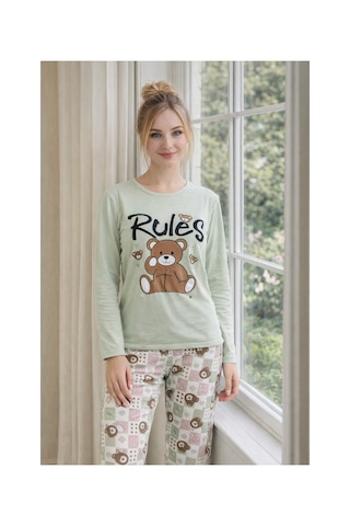 Rindahomewear Kadın Rules Ayıcık Baskılı Süprem Uzun Kol Pijama Takımı Haki