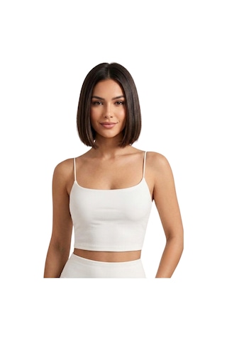 Mrm Pro Göğüs Pedli Kadın Beyaz İp Askılı Crop Atlet Esnek Fit Crop Beyaz Beyaz